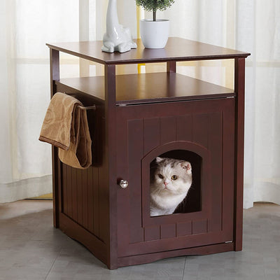 Merry Products Pet Cat Washroom Bench with Removable Partition Wall, Walnut + Merry Products Decorative Cat Enclosed Litter Box Washroom Night Stand, Espresso