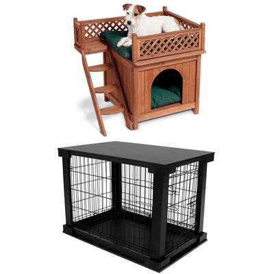 Merry Products Room w/ a View Indoor Outdoor 2 Level Wooden House for Small Pets + Merry Products Decorative Pet Cage w/ Protection Box End Table, Black