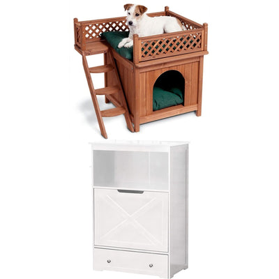 Merry Products Room w/ a View Indoor Outdoor 2 Level Wooden House for Small Pets + Zoovilla Pet Feeder Large Storage Bin with Hidden Elevated Dog Bowl Stand, White