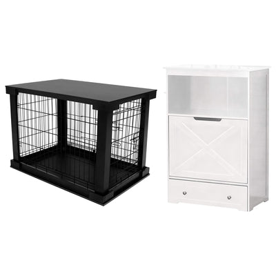 Merry Products Decorative Pet Cage w/ Protection Box End Table, Black + Zoovilla Pet Feeder Large Storage Bin with Hidden Elevated Dog Bowl Stand, White