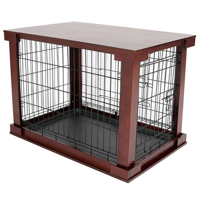 Merry Products Room w/ a View Indoor Outdoor 2 Level Wooden House for Small Pets + Merry Products Decorative Pet Cage w/ Protection Box End Table, Large, Brown
