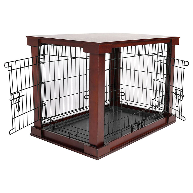 Merry Products Room w/ a View Indoor Outdoor 2 Level Wooden House for Small Pets + Merry Products Decorative Pet Cage w/ Protection Box End Table, Large, Brown