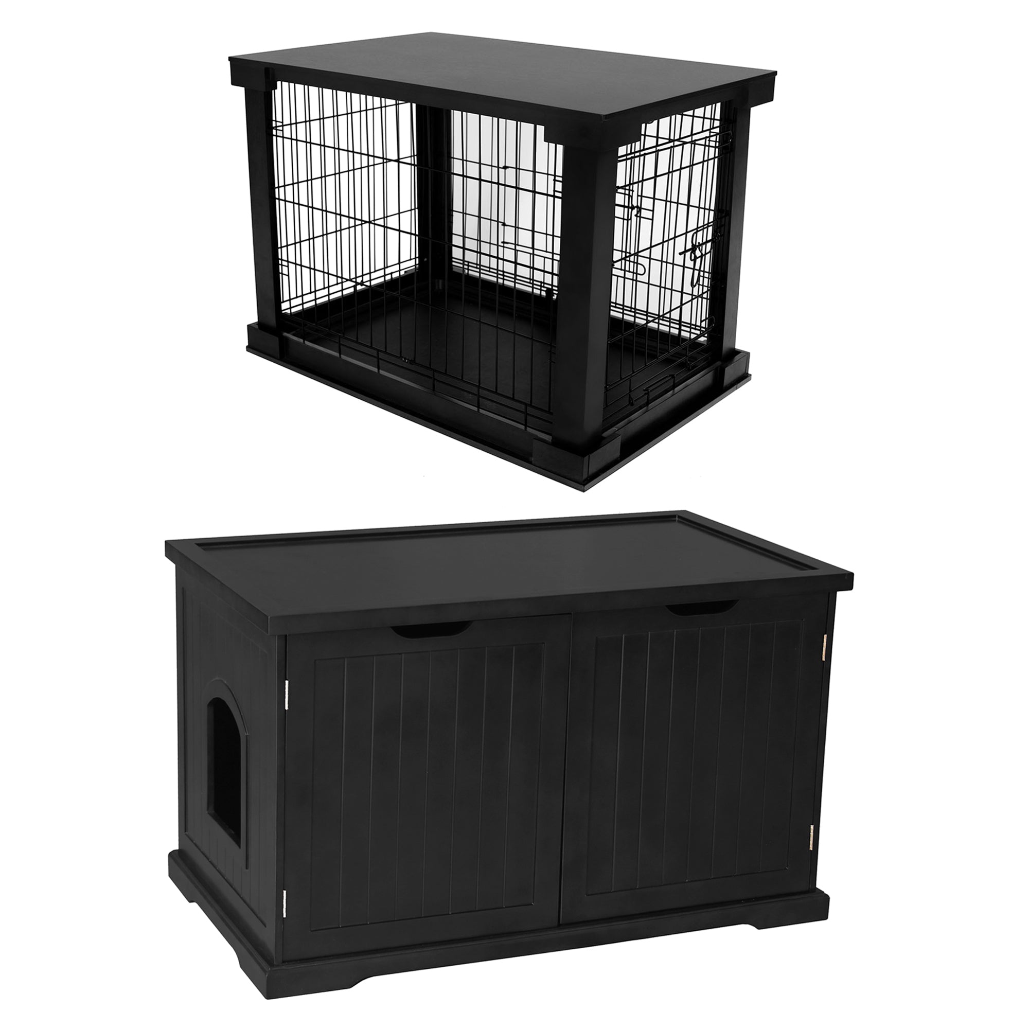Merry Products Decorative Pet Cage w/ Protection Box End Table, Black + Merry Products Decorative Bench with Enclosed Cat Litter Washroom Box, Black