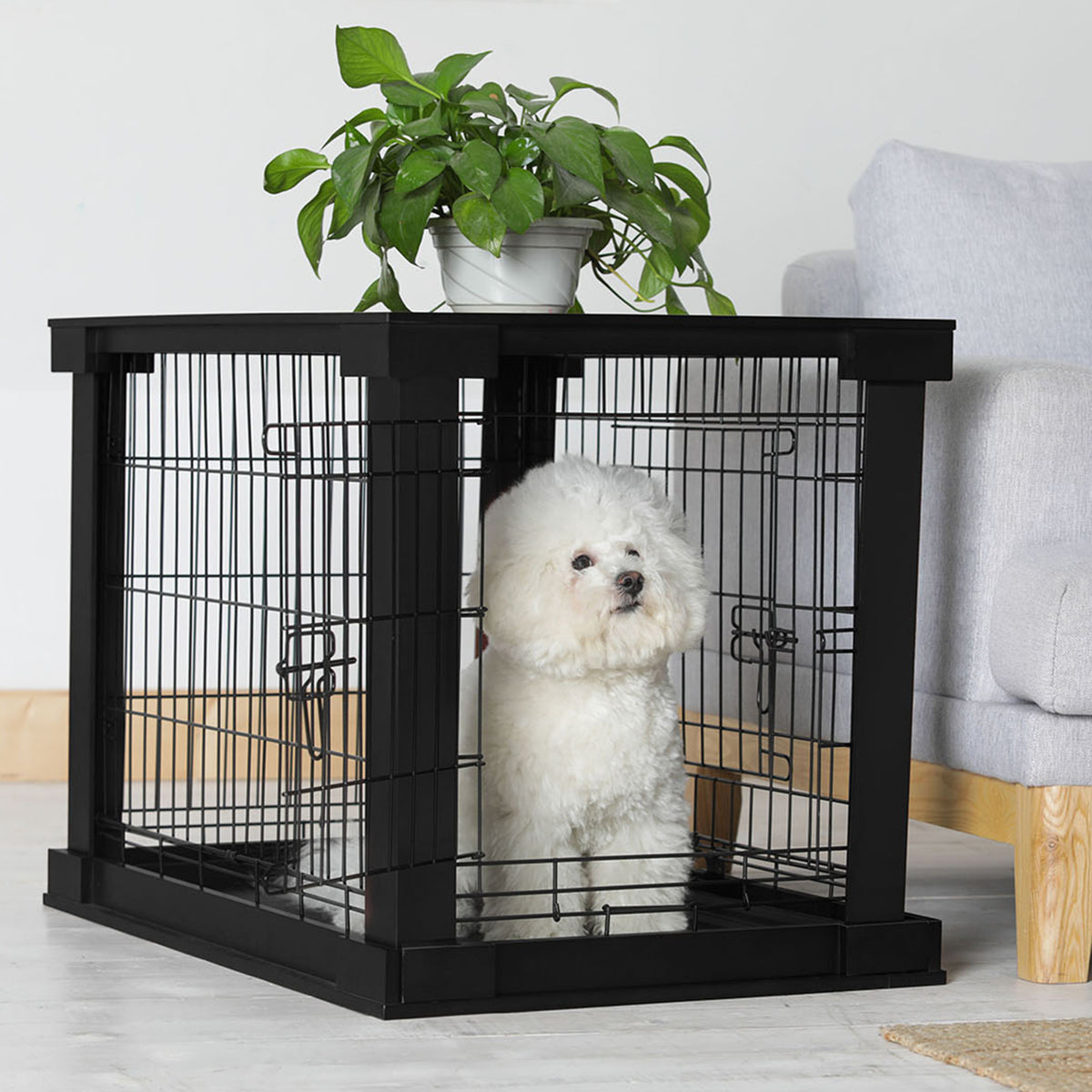 Merry Products Decorative Pet Cage w/ Protection Box End Table, Black + Merry Products Decorative Bench with Enclosed Cat Litter Washroom Box, Black