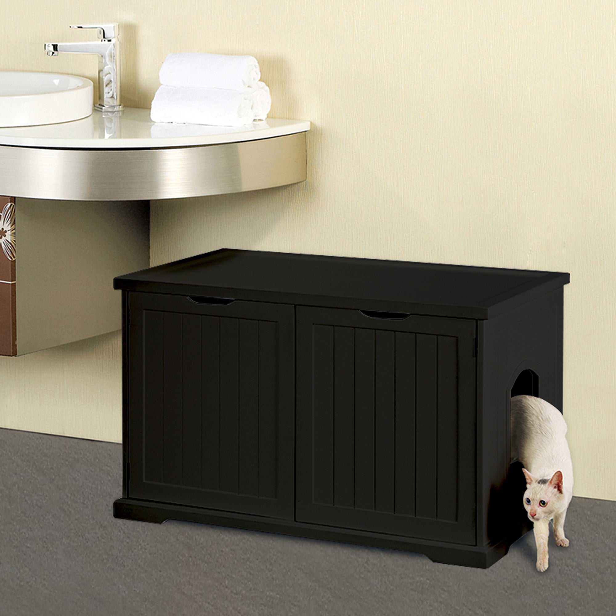 Merry Products Decorative Pet Cage w/ Protection Box End Table, Black + Merry Products Decorative Bench with Enclosed Cat Litter Washroom Box, Black