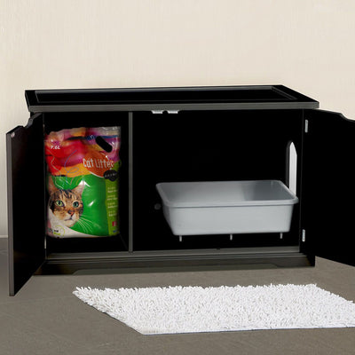 Merry Products Decorative Pet Cage w/ Protection Box End Table, Black + Merry Products Decorative Bench with Enclosed Cat Litter Washroom Box, Black