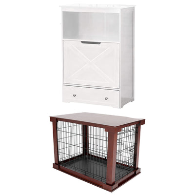 Zoovilla Pet Feeder Large Storage Bin with Hidden Elevated Dog Bowl Stand, White + Merry Products Decorative Pet Cage w/ Protection Box End Table, Large, Brown - VMInnovations