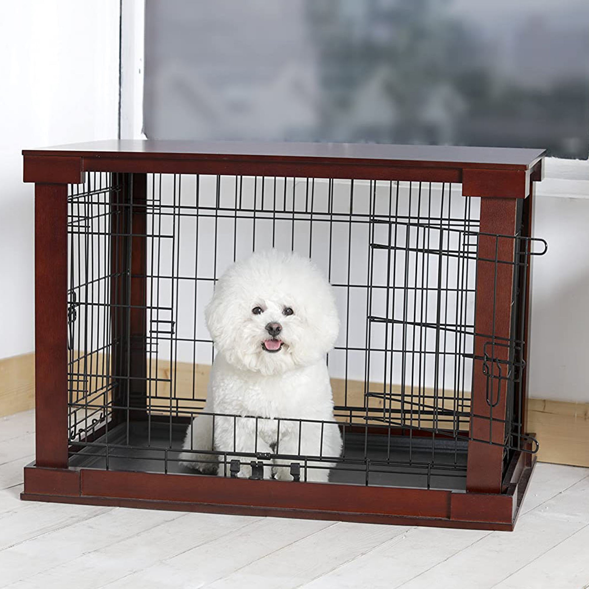 Zoovilla Pet Feeder Large Storage Bin with Hidden Elevated Dog Bowl Stand, White + Merry Products Decorative Pet Cage w/ Protection Box End Table, Large, Brown - VMInnovations