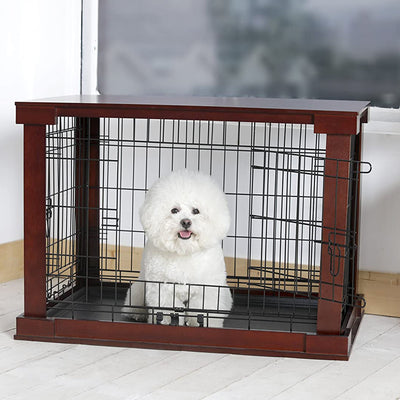 Zoovilla Pet Feeder Large Storage Bin with Hidden Elevated Dog Bowl Stand, White + Merry Products Decorative Pet Cage w/ Protection Box End Table, Large, Brown - VMInnovations