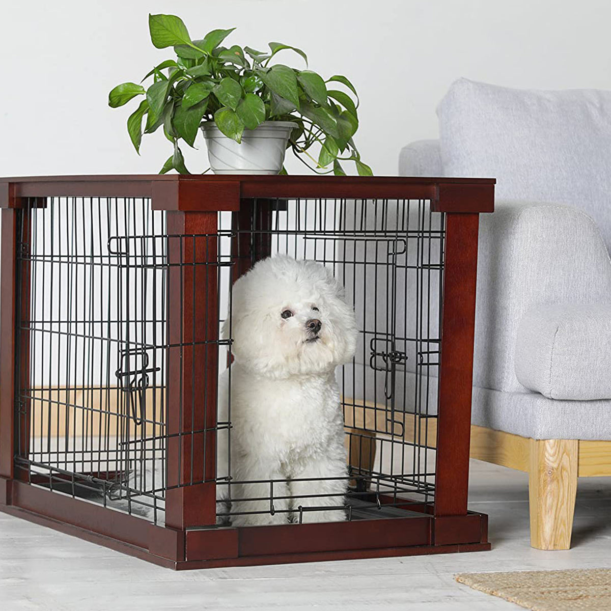 Zoovilla Pet Feeder Large Storage Bin with Hidden Elevated Dog Bowl Stand, White + Merry Products Decorative Pet Cage w/ Protection Box End Table, Large, Brown