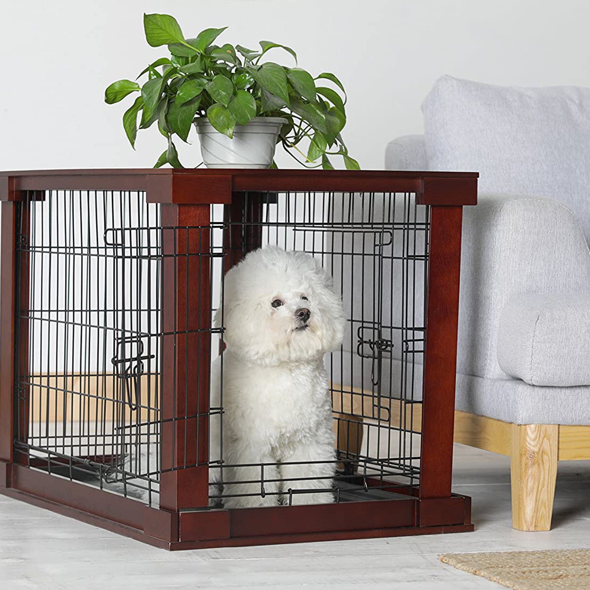 Zoovilla Pet Feeder Large Storage Bin with Hidden Elevated Dog Bowl Stand, White + Merry Products Decorative Pet Cage w/ Protection Box End Table, Large, Brown - VMInnovations