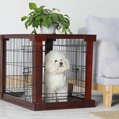 Zoovilla Pet Feeder Large Storage Bin with Hidden Elevated Dog Bowl Stand, White + Merry Products Decorative Pet Cage w/ Protection Box End Table, Large, Brown - VMInnovations