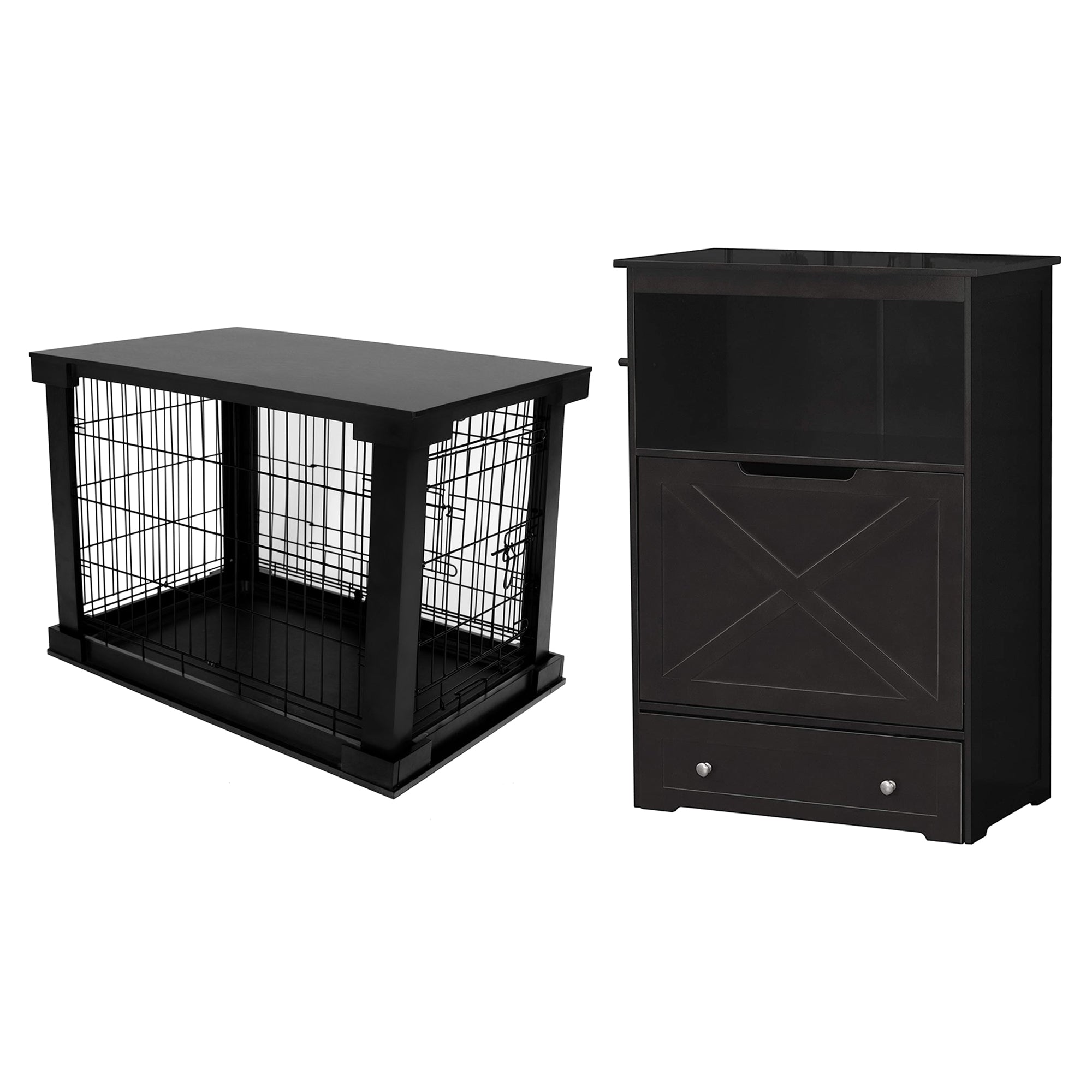 Merry Products Decorative Pet Cage w/ Protection Box End Table, Black + Zoovilla Pet Feeder Large Storage Bin with Hidden Elevated Dog Bowl Stand, Black