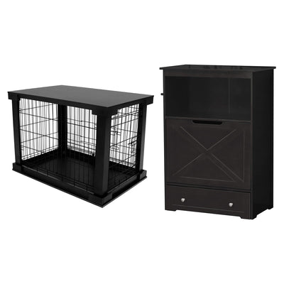 Merry Products Decorative Pet Cage w/ Protection Box End Table, Black + Zoovilla Pet Feeder Large Storage Bin with Hidden Elevated Dog Bowl Stand, Black