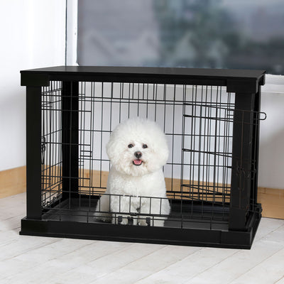 Merry Products Decorative Pet Cage w/ Protection Box End Table, Black + Zoovilla Pet Feeder Large Storage Bin with Hidden Elevated Dog Bowl Stand, Black
