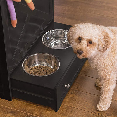 Merry Products Decorative Pet Cage w/ Protection Box End Table, Black + Zoovilla Pet Feeder Large Storage Bin with Hidden Elevated Dog Bowl Stand, Black