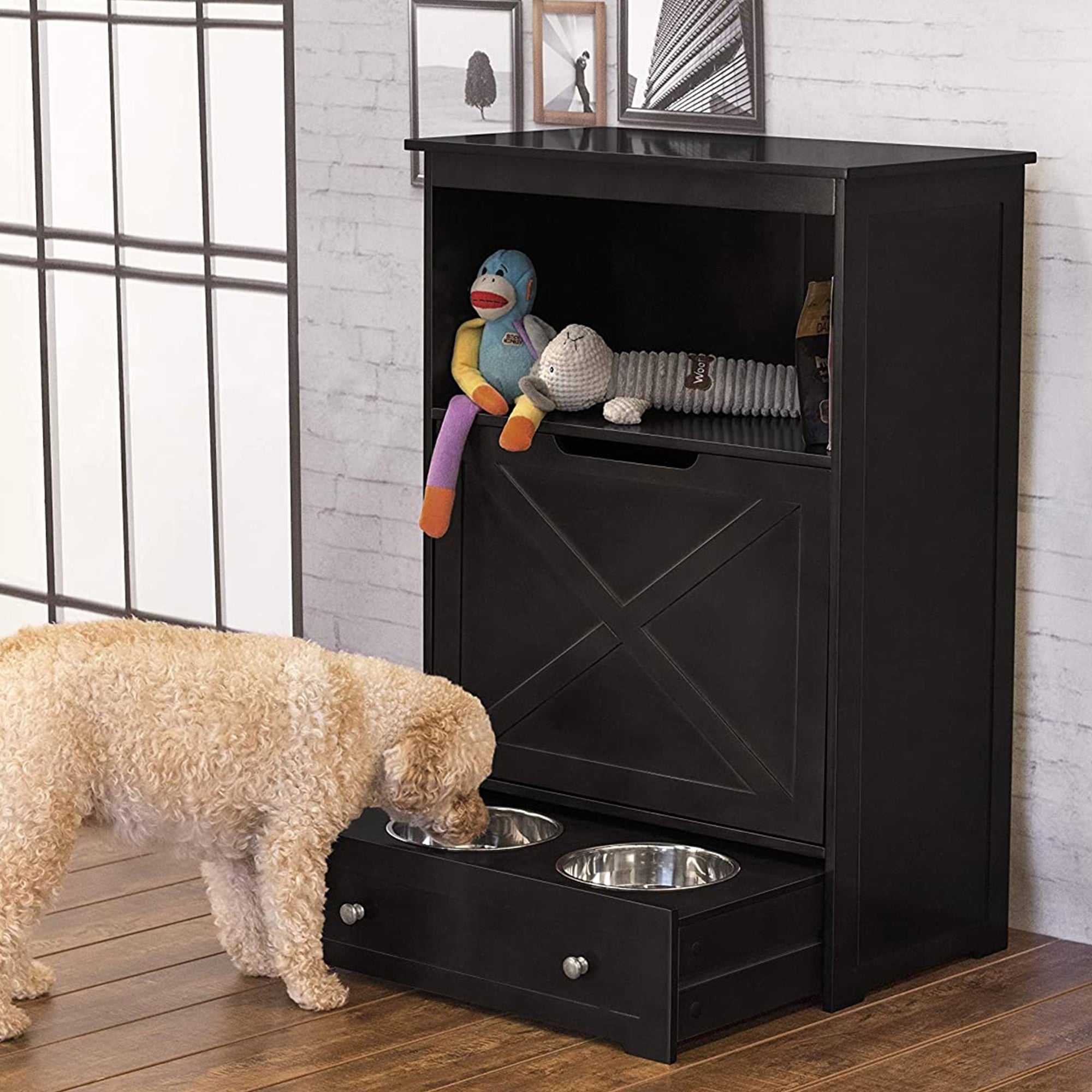 Merry Products Decorative Pet Cage w/ Protection Box End Table, Black + Zoovilla Pet Feeder Large Storage Bin with Hidden Elevated Dog Bowl Stand, Black