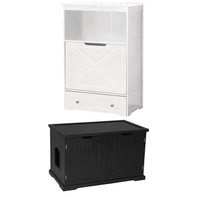 Zoovilla Pet Feeder Large Storage Bin with Hidden Elevated Dog Bowl Stand, White + Merry Products Decorative Bench with Enclosed Cat Litter Washroom Box, Black