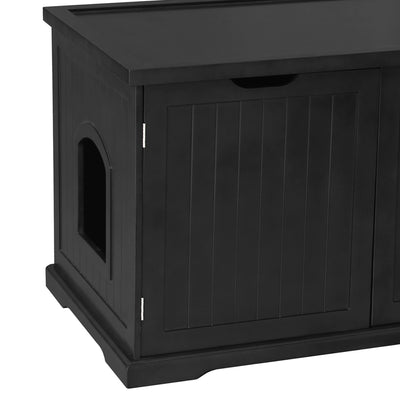 Zoovilla Pet Feeder Large Storage Bin with Hidden Elevated Dog Bowl Stand, White + Merry Products Decorative Bench with Enclosed Cat Litter Washroom Box, Black