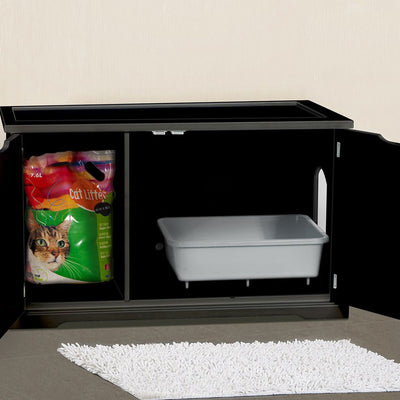 Zoovilla Pet Feeder Large Storage Bin with Hidden Elevated Dog Bowl Stand, White + Merry Products Decorative Bench with Enclosed Cat Litter Washroom Box, Black