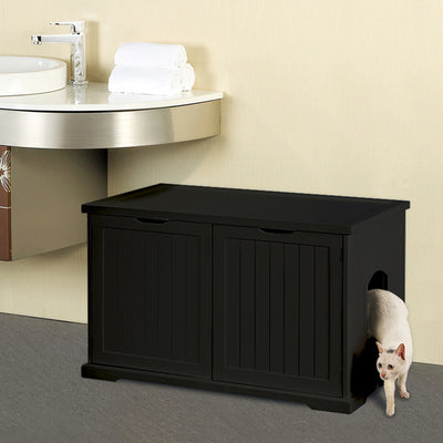 Zoovilla Pet Feeder Large Storage Bin with Hidden Elevated Dog Bowl Stand, White + Merry Products Decorative Bench with Enclosed Cat Litter Washroom Box, Black