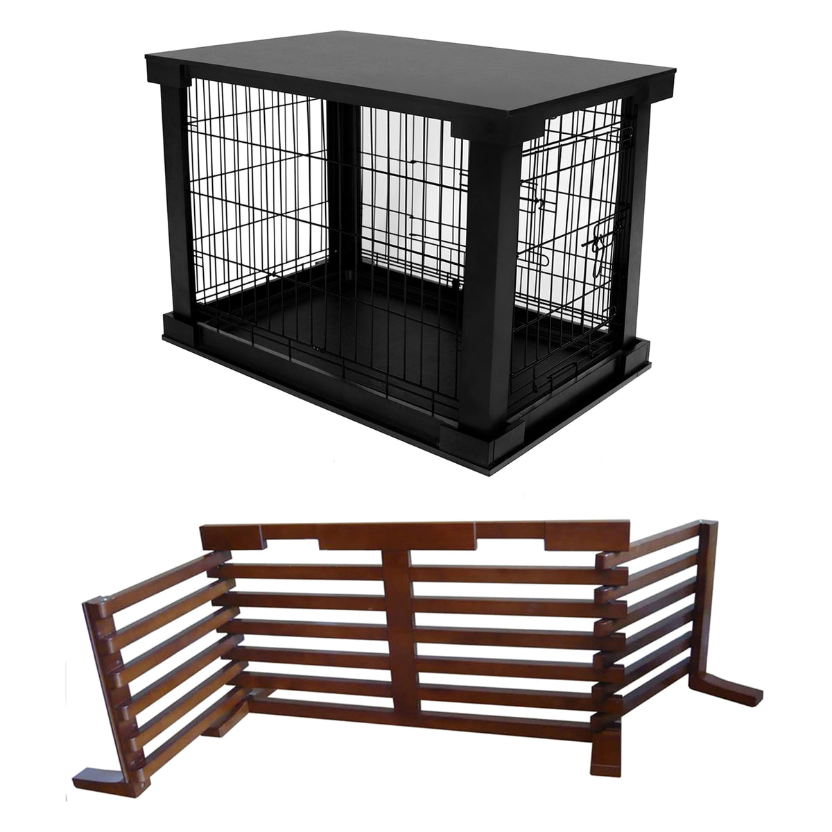 Merry Products Decorative Pet Cage w/ Protection Box End Table, Black + Merry Products Wooden 6 Foot Dog Gate-N-Crate for Small to Medium Pets, Walnut