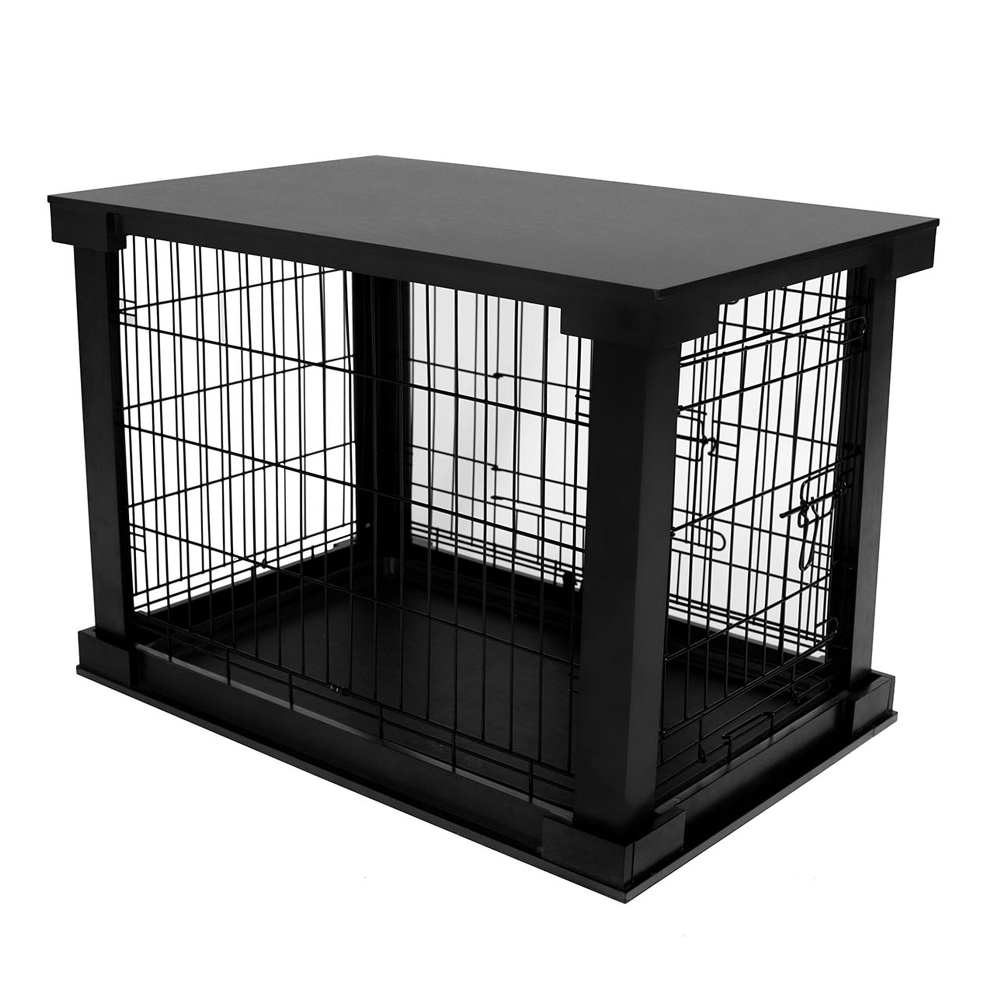 Merry Products Decorative Pet Cage w/ Protection Box End Table, Black + Merry Products Wooden 6 Foot Dog Gate-N-Crate for Small to Medium Pets, Walnut