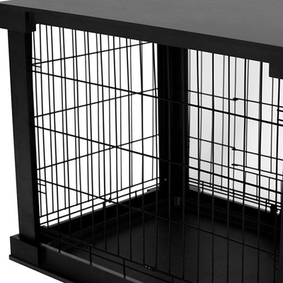 Merry Products Decorative Pet Cage w/ Protection Box End Table, Black + Merry Products Wooden 6 Foot Dog Gate-N-Crate for Small to Medium Pets, Walnut