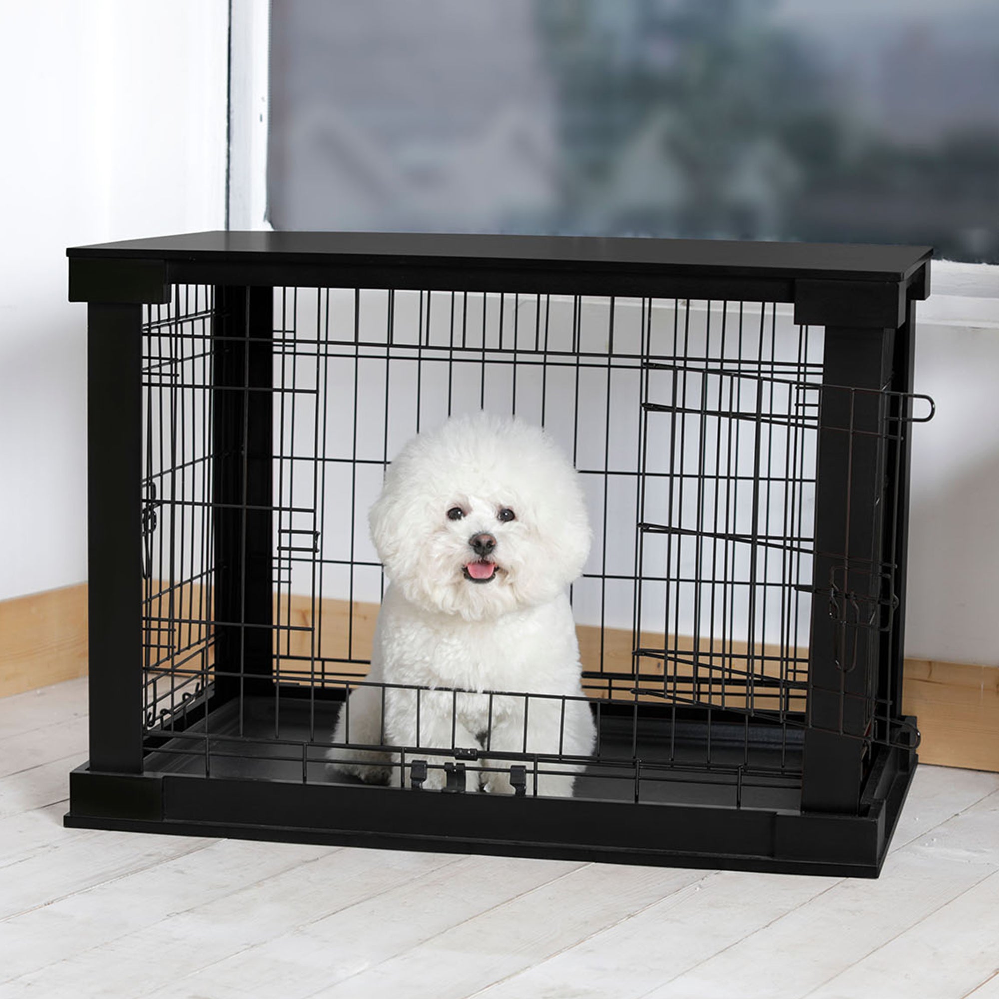 Merry Products Decorative Pet Cage w/ Protection Box End Table, Black + Merry Products Wooden 6 Foot Dog Gate-N-Crate for Small to Medium Pets, Walnut