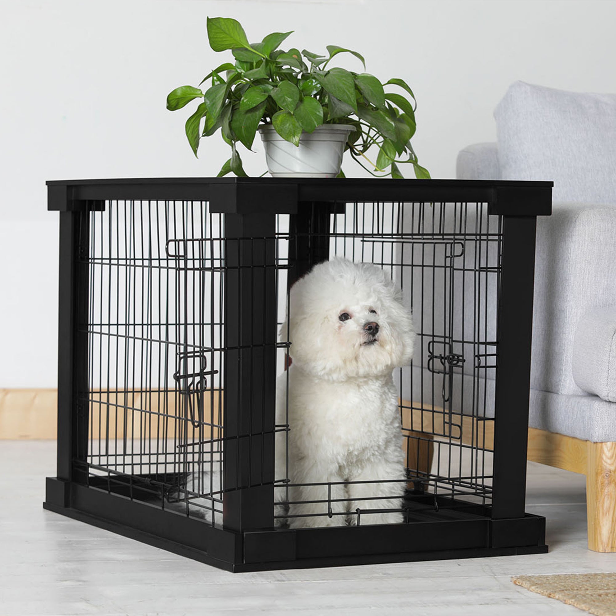 Merry Products Decorative Pet Cage w/ Protection Box End Table, Black + Merry Products Wooden 6 Foot Dog Gate-N-Crate for Small to Medium Pets, Walnut