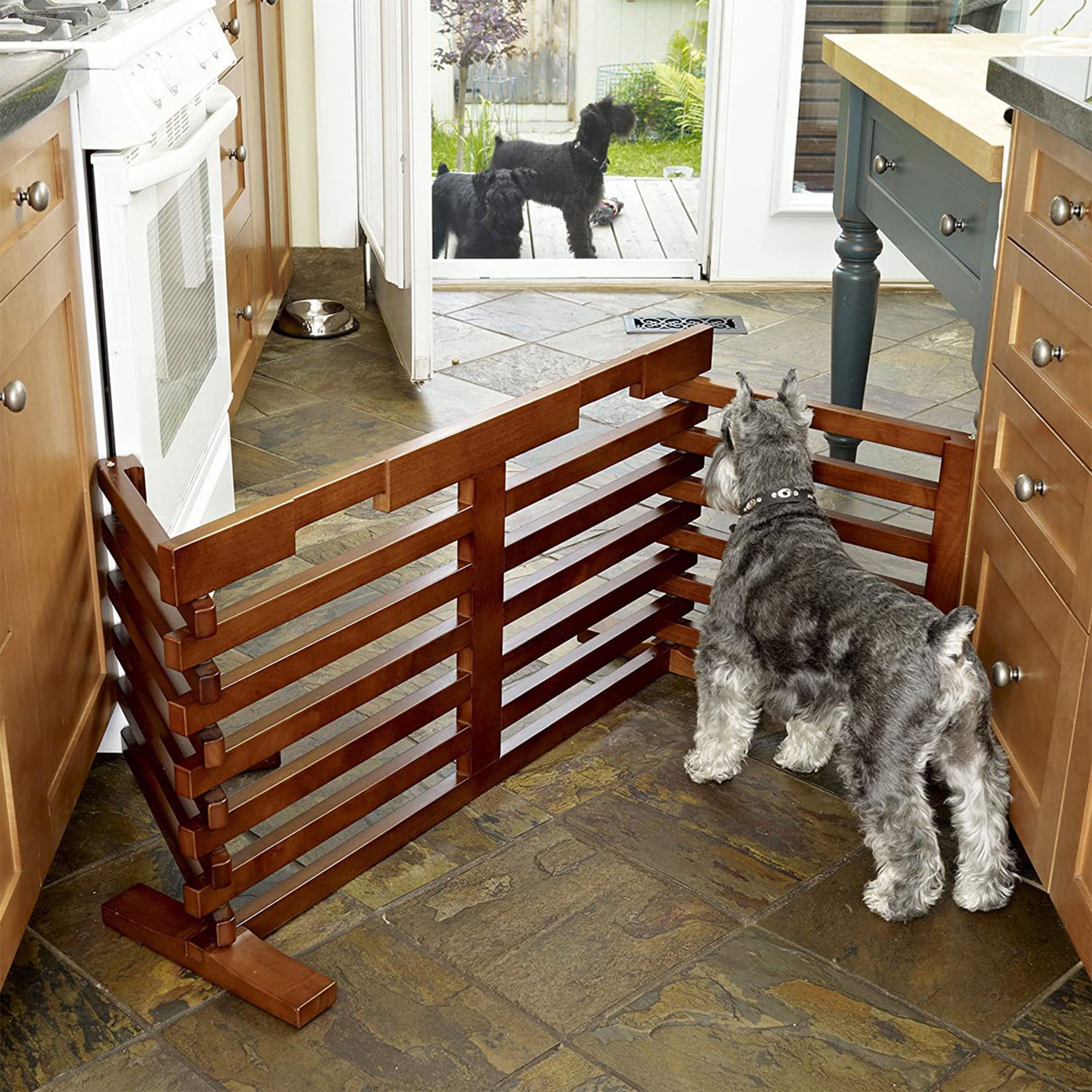 Merry Products Decorative Pet Cage w/ Protection Box End Table, Black + Merry Products Wooden 6 Foot Dog Gate-N-Crate for Small to Medium Pets, Walnut