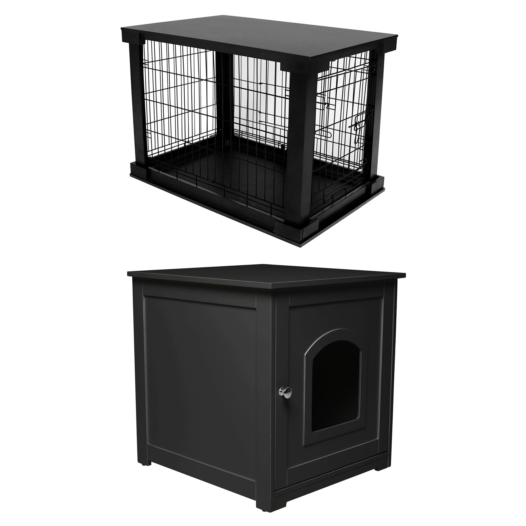 Merry Products Decorative Pet Cage w/ Protection Box End Table, Black + zoovilla Kitty Litter Loo Indoor Hidden Litter Box Furniture Enclosure, Black
