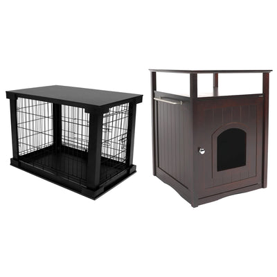 Merry Products Decorative Pet Cage w/ Protection Box End Table, Black + Merry Products Decorative Cat Enclosed Litter Box Washroom Night Stand, Espresso