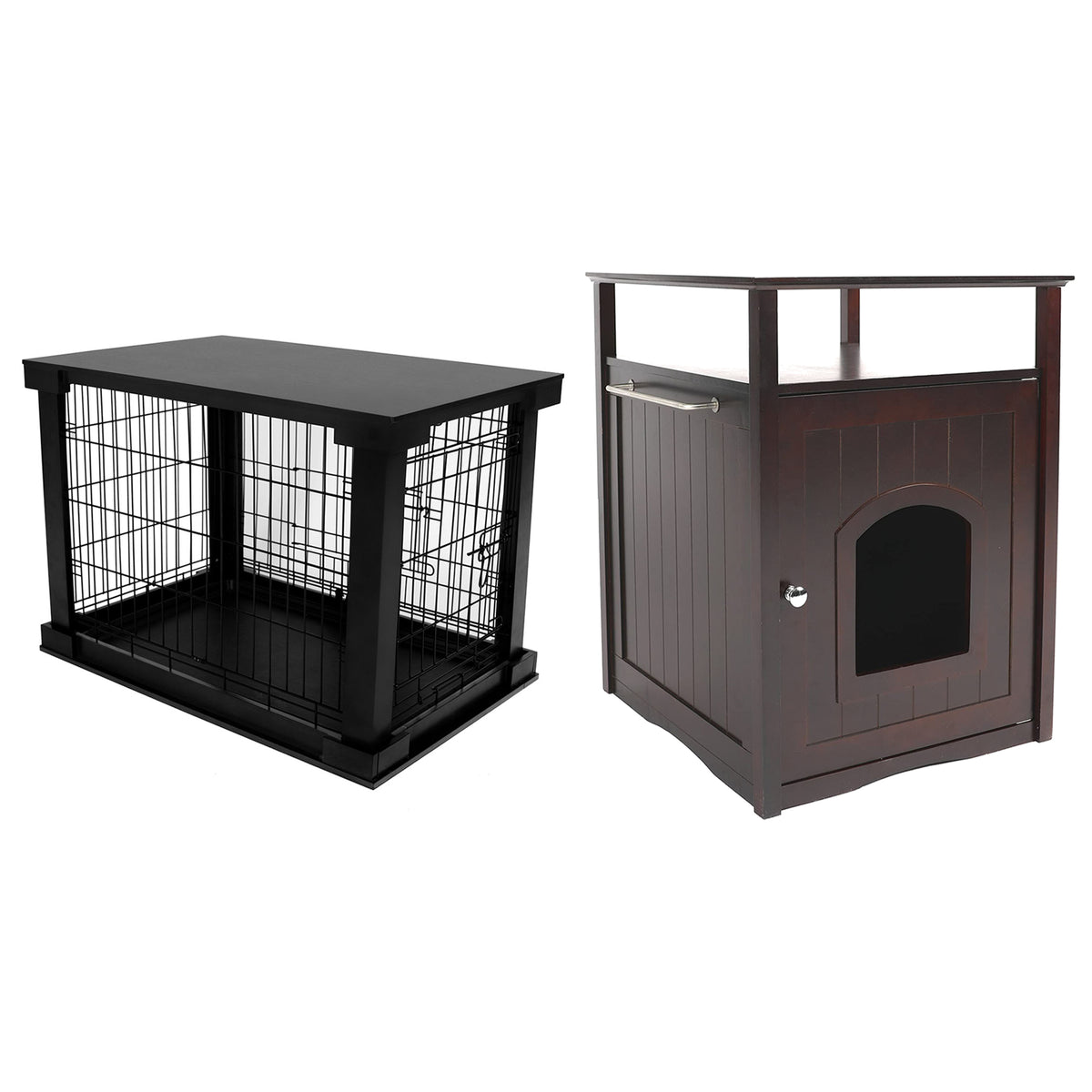 Merry Products Decorative Pet Cage w/ Protection Box End Table, Black + Merry Products Decorative Cat Enclosed Litter Box Washroom Night Stand, Espresso