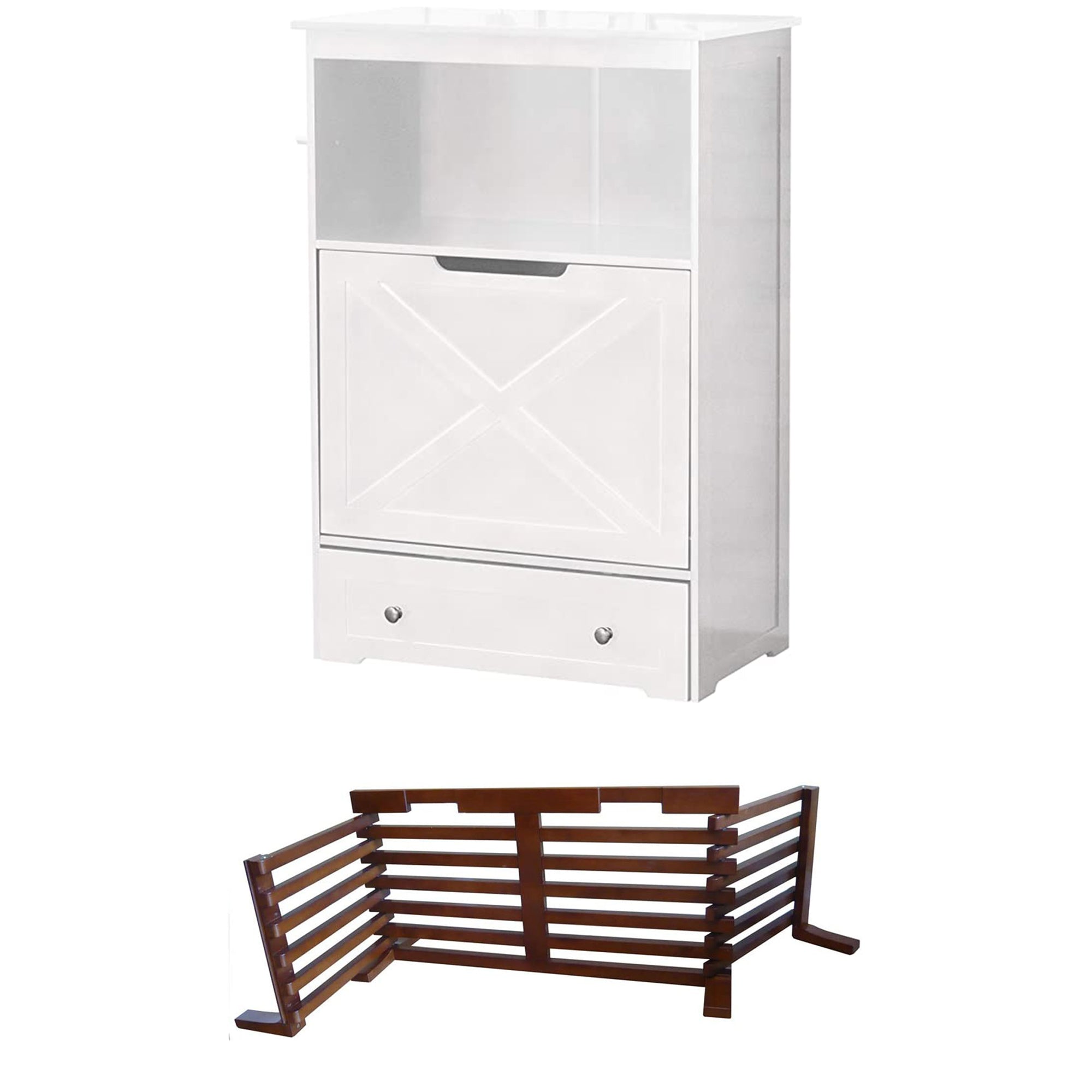 Zoovilla Pet Feeder Large Storage Bin with Hidden Elevated Dog Bowl Stand, White + Merry Products Wooden 6 Foot Dog Gate-N-Crate for Small to Medium Pets, Walnut