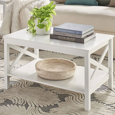 X Frame Living Room Accent Coffee Table with Shelf Storage, White (Open Box)