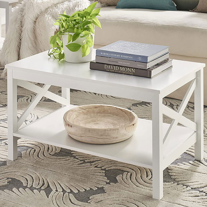 X Frame Living Room Accent Coffee Table with Shelf Storage, White (Open Box) - VMInnovations