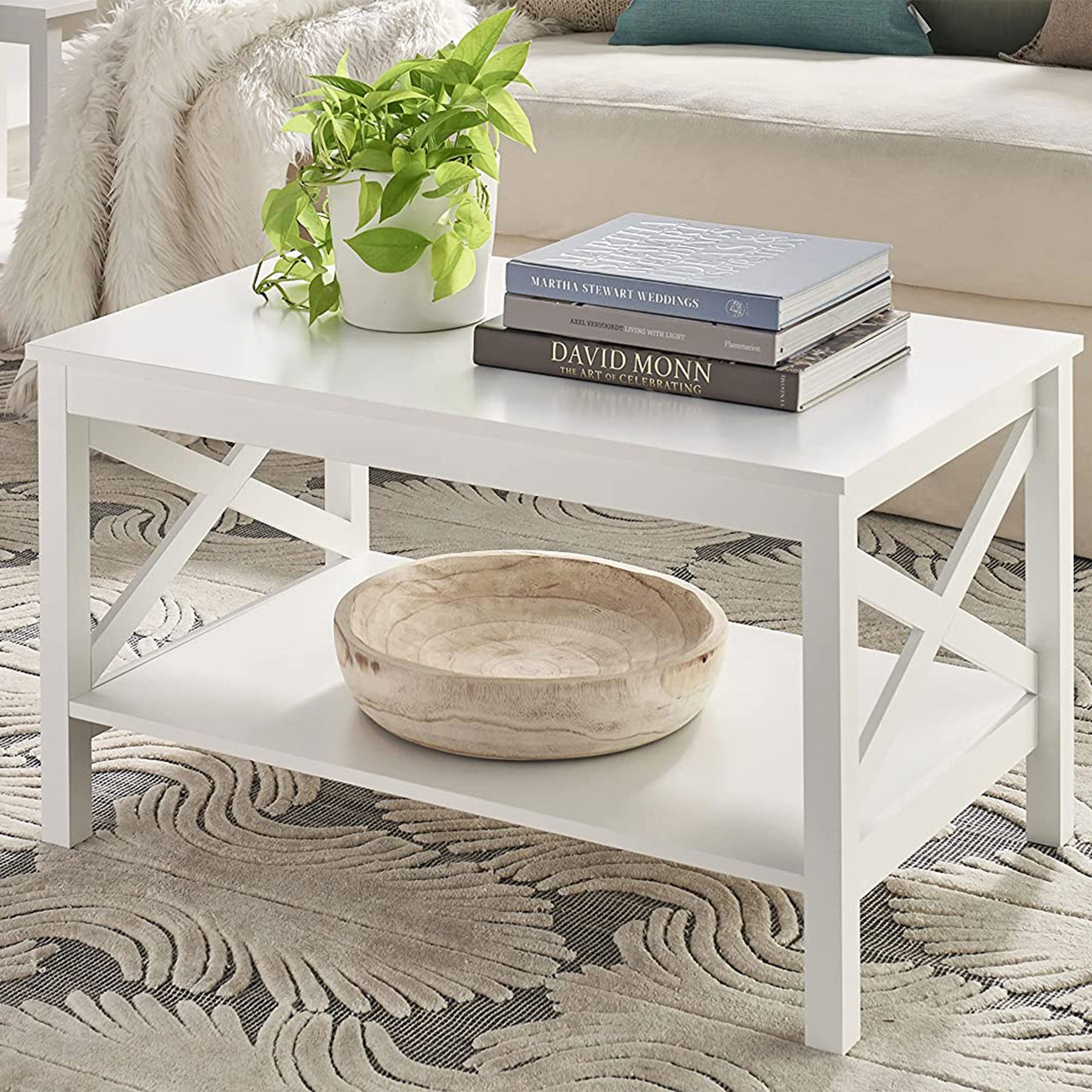 ClosetMaid X Frame Living Room Accent Coffee Table w/ Shelf Storage, White(Used)