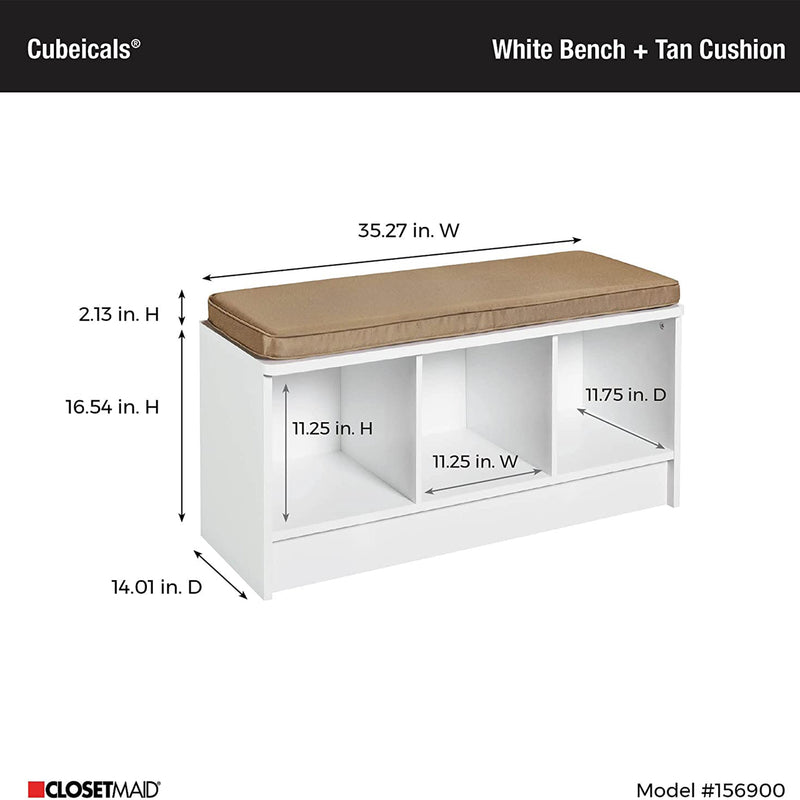 ClosetMaid 3 Cubby Storage Organizer Bench w/ Seat Cushion, White/Tan (Open Box)