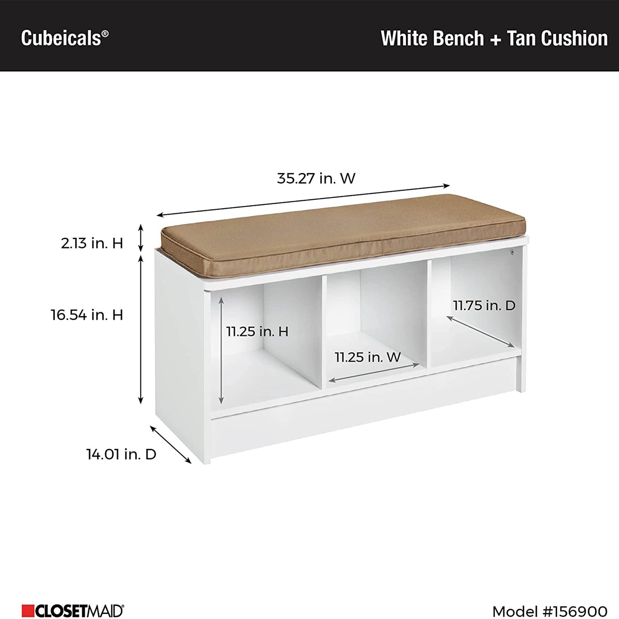 ClosetMaid 3 Cube Cubby Storage Organizer Bench w/Seat Cushion, White/Tan (Used) - VMInnovations