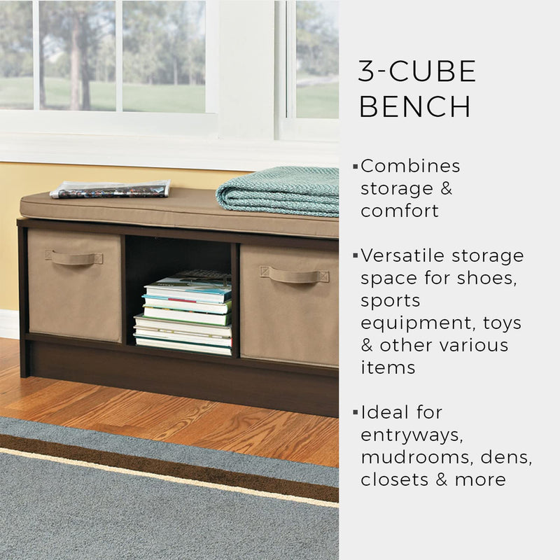 ClosetMaid 3 Cubby Storage Organizer Bench w/ Seat Cushion, White/Tan (Open Box)