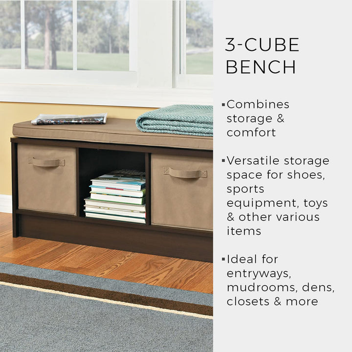 ClosetMaid 3 Cubby Storage Organizer Bench w/ Seat Cushion, White/Tan (Open Box) - VMInnovations
