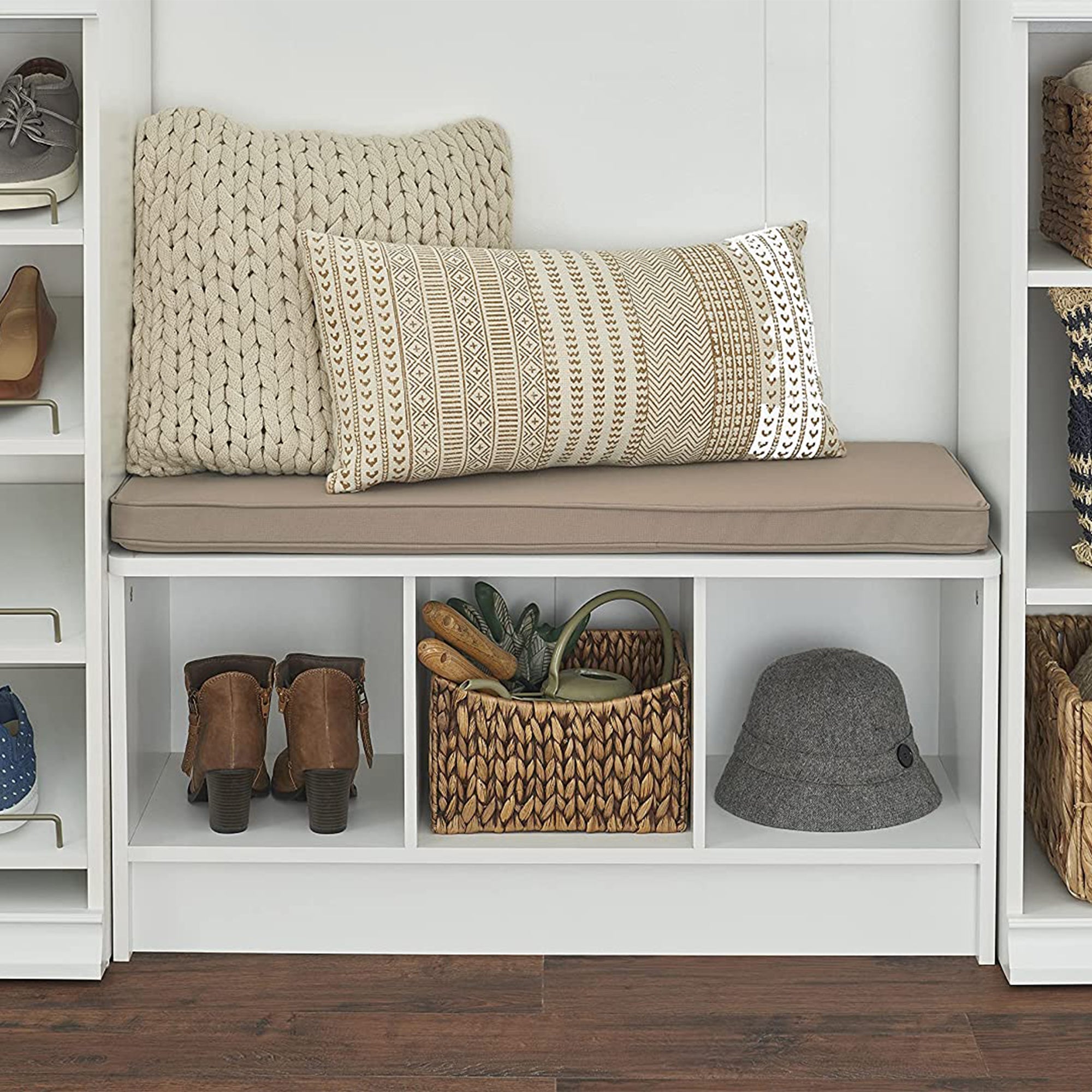 ClosetMaid 3 Cube Cubby Storage Organizer Bench w/Seat Cushion, White/Tan (Used) - VMInnovations