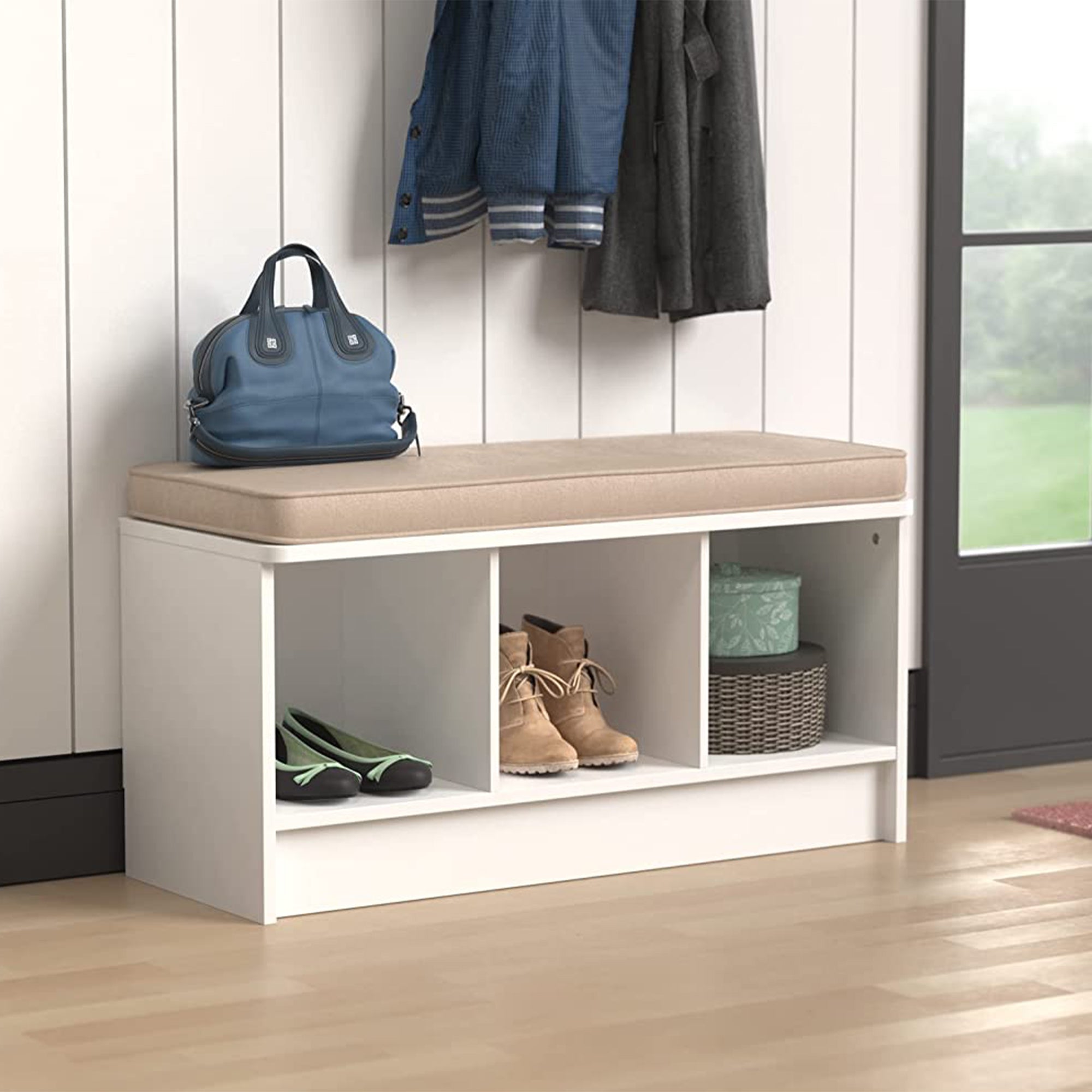 ClosetMaid 3 Cube Cubby Storage Organizer Bench w/Seat Cushion, White/Tan (Used) - VMInnovations