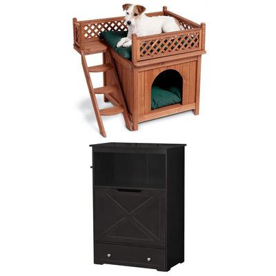 Merry Products Room w/ a View Indoor Outdoor 2 Level Wooden House for Small Pets + Zoovilla Pet Feeder Large Storage Bin with Hidden Elevated Dog Bowl Stand, Black