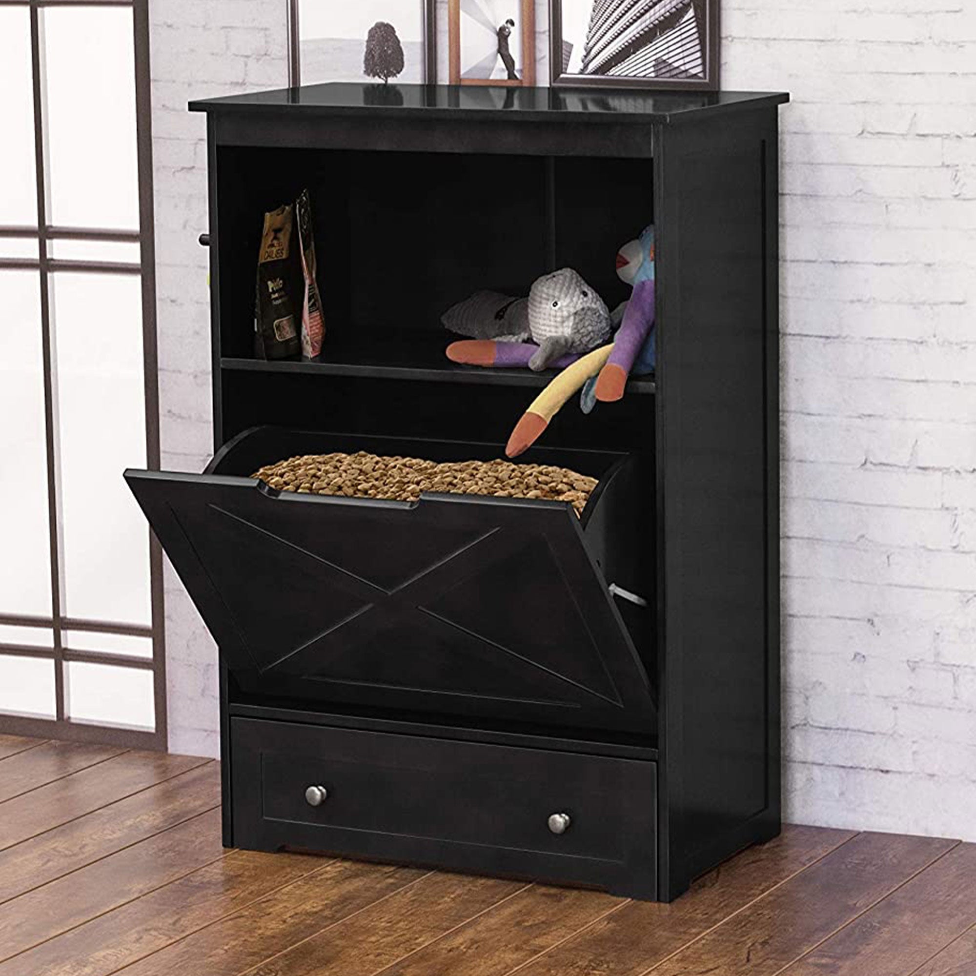 Merry Products Room w/ a View Indoor Outdoor 2 Level Wooden House for Small Pets + Zoovilla Pet Feeder Large Storage Bin with Hidden Elevated Dog Bowl Stand, Black