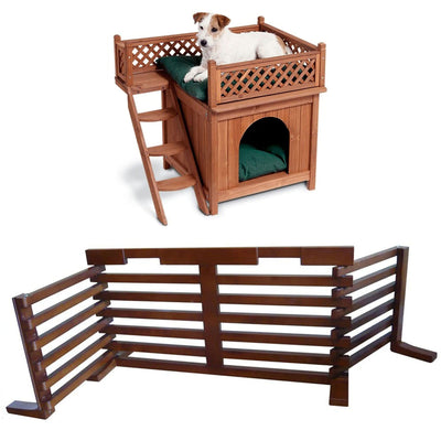 Merry Products Room w/ a View Indoor Outdoor 2 Level Wooden House for Small Pets + Merry Products Wooden 6 Foot Dog Gate-N-Crate for Small to Medium Pets, Walnut