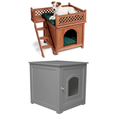 Merry Products Room w/ a View Indoor Outdoor 2 Level Wooden House for Small Pets + zoovilla Kitty Litter Loo Indoor Hidden Litter Box Enclosure Furniture, Gray - VMInnovations