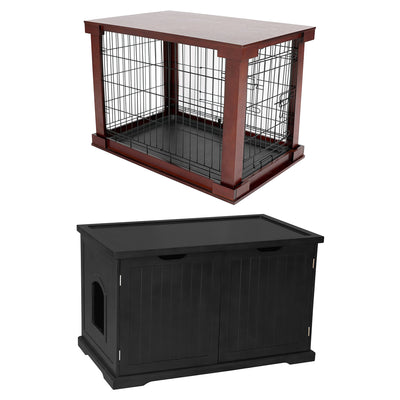 Merry Products Decorative Pet Cage w/ Protection Box End Table, Large, Brown + Merry Products Decorative Bench with Enclosed Cat Litter Washroom Box, Black - VMInnovations