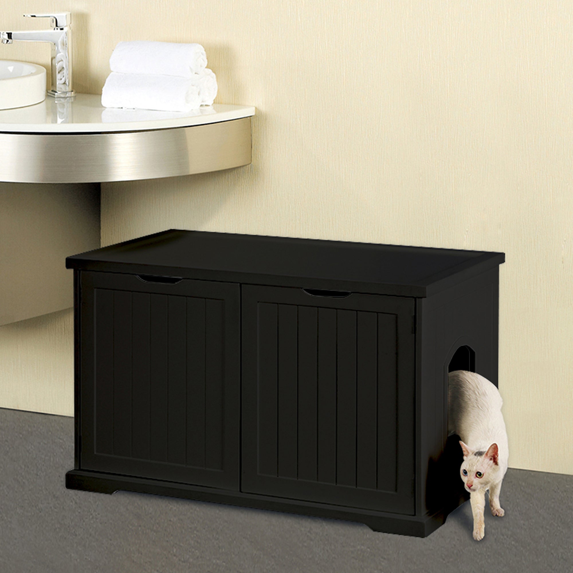 Merry Products Decorative Pet Cage w/ Protection Box End Table, Large, Brown + Merry Products Decorative Bench with Enclosed Cat Litter Washroom Box, Black - VMInnovations